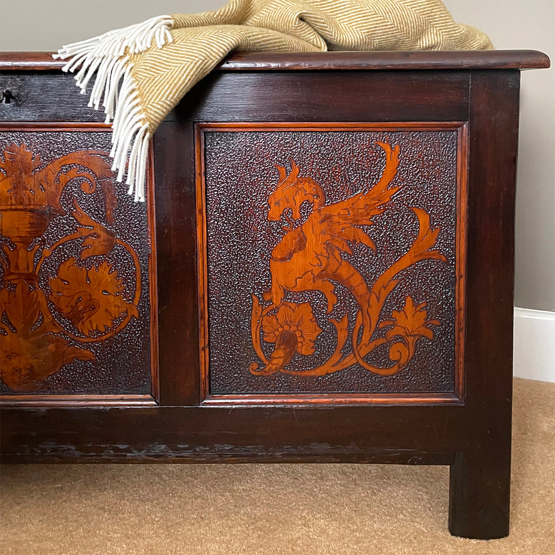 Arts & Crafts Panelled Blanket Chest Gothic Revival Pokerwork ANTIQUE