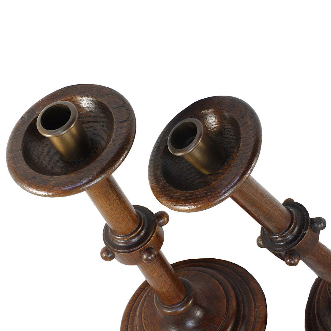 A Pair Of Oak Candlestick Holders Arts And Crafts Movement ANTIQUE