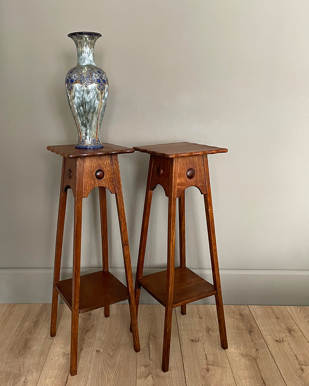 A Near Set Of Oak Plant Stands Arts And Crafts English 1900's ANTIQUE