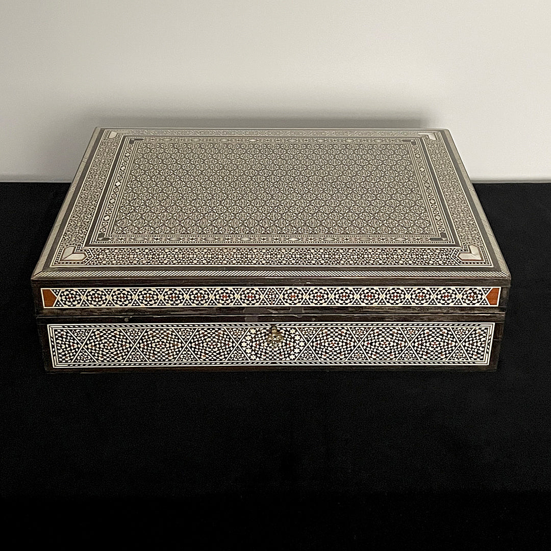 Large Damascene Jewellery Box Walnut & Inlay Syrian 1950's VINTAGE