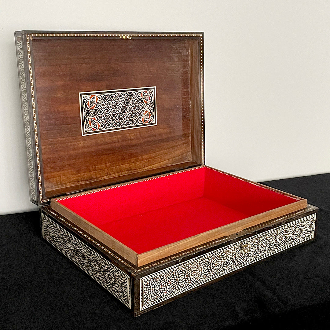 Large Damascene Jewellery Box Walnut & Inlay Syrian 1950's VINTAGE