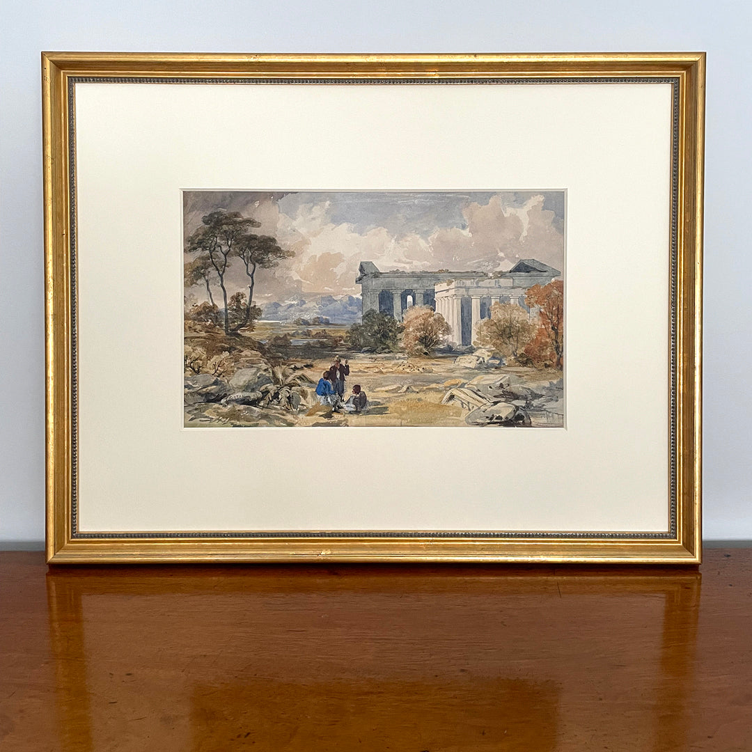 Grand Tour Watercolour The Temples At Paestum 19th Century ANTIQUE