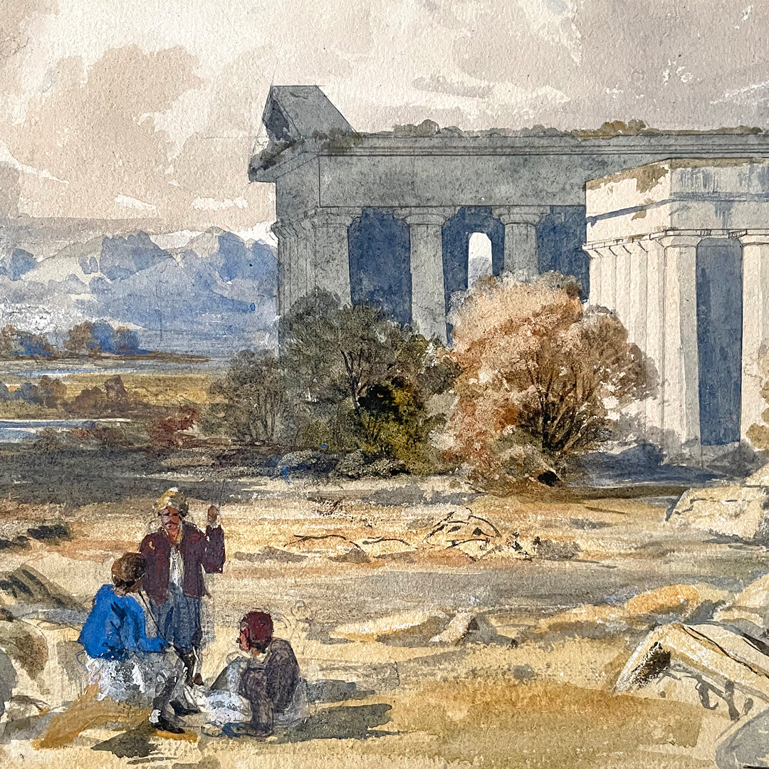 Grand Tour Watercolour The Temples At Paestum 19th Century ANTIQUE