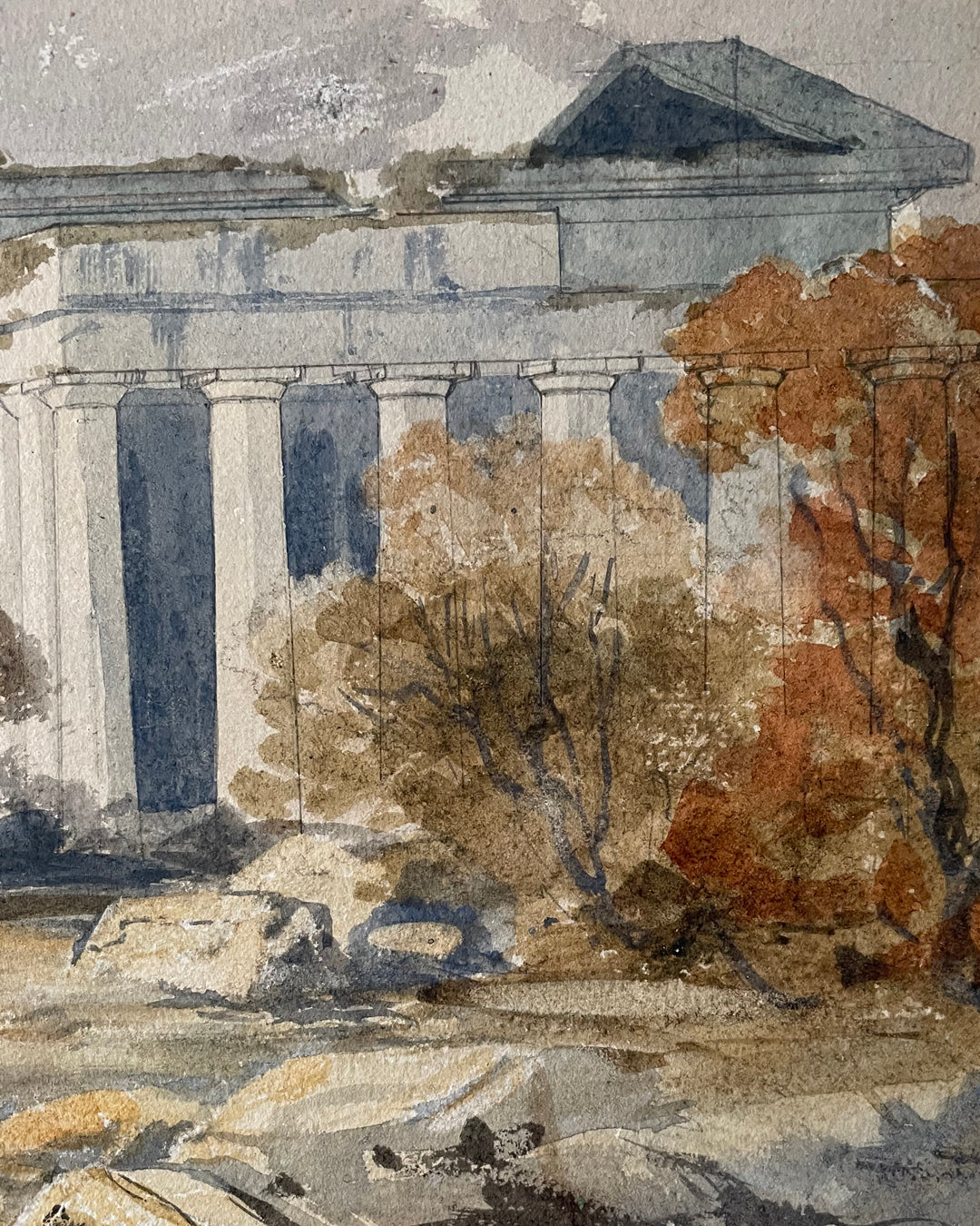 Grand Tour Watercolour The Temples At Paestum 19th Century ANTIQUE