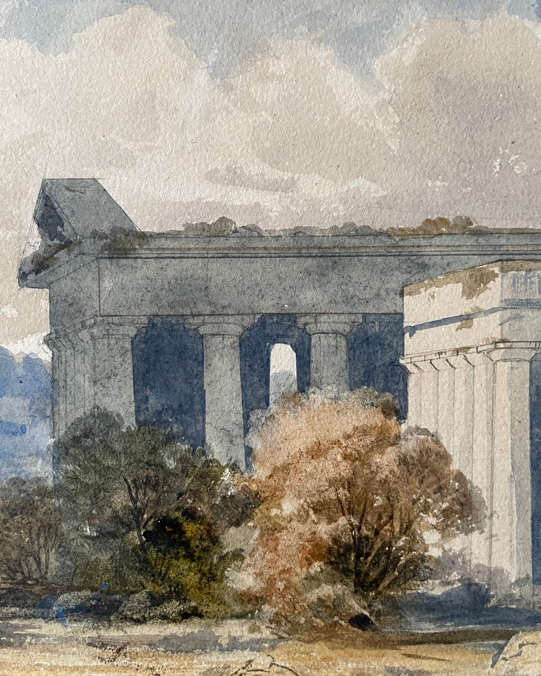 Grand Tour Watercolour The Temples At Paestum 19th Century ANTIQUE