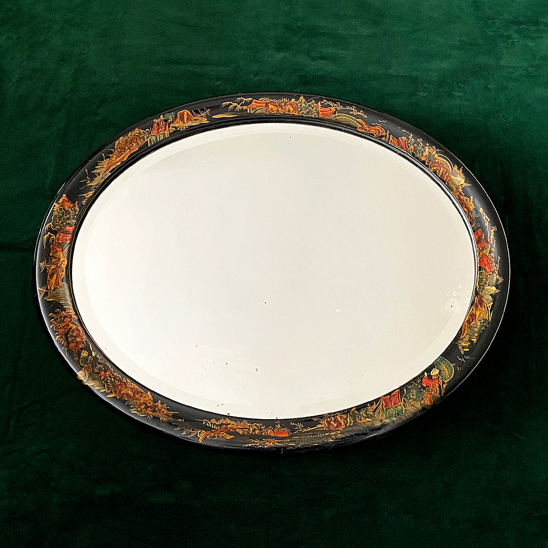 Oval Chinoiserie Mirror Japanned Black & Gold Finish Chinese Scenes ANTIQUE