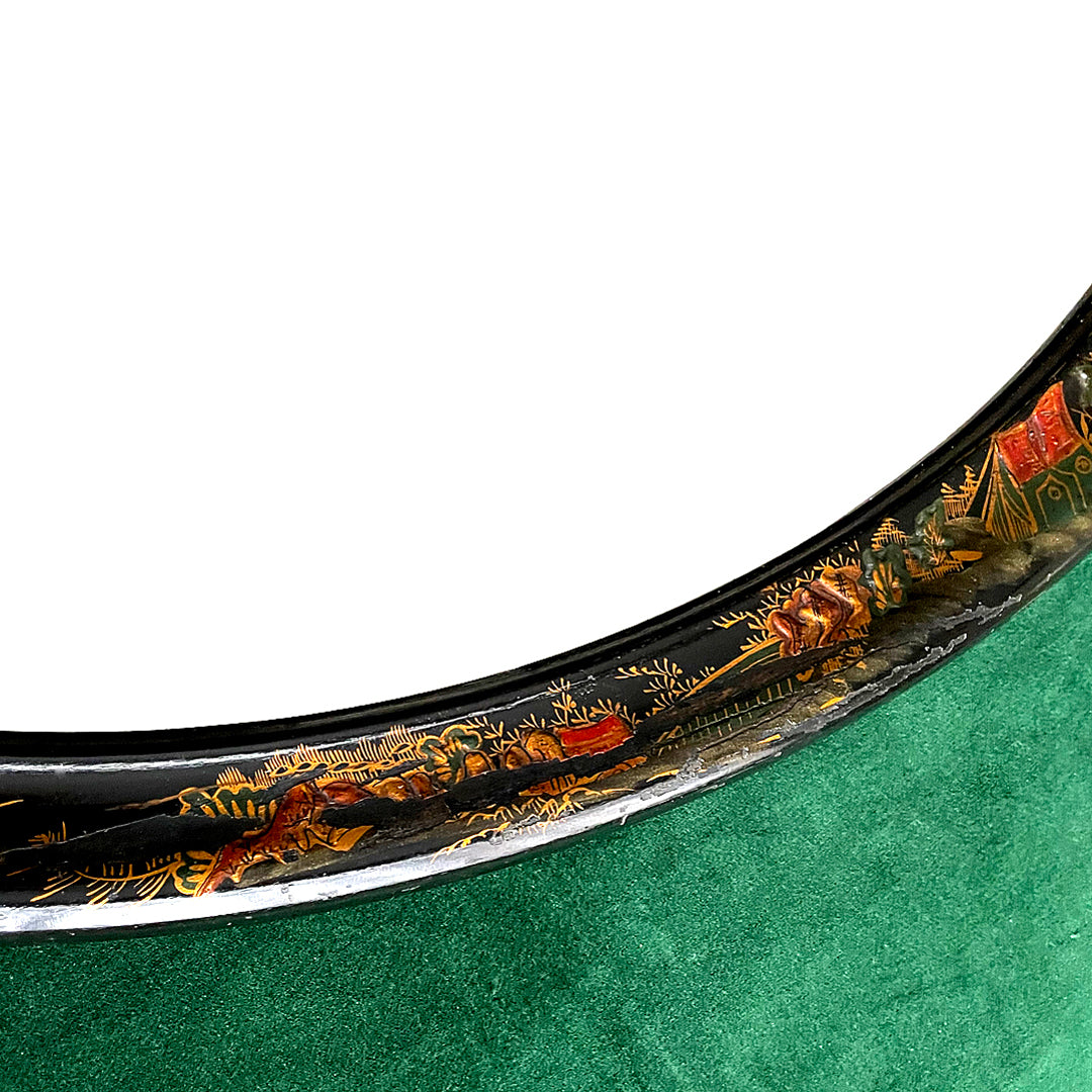 Oval Chinoiserie Mirror Japanned Black & Gold Finish Chinese Scenes ANTIQUE