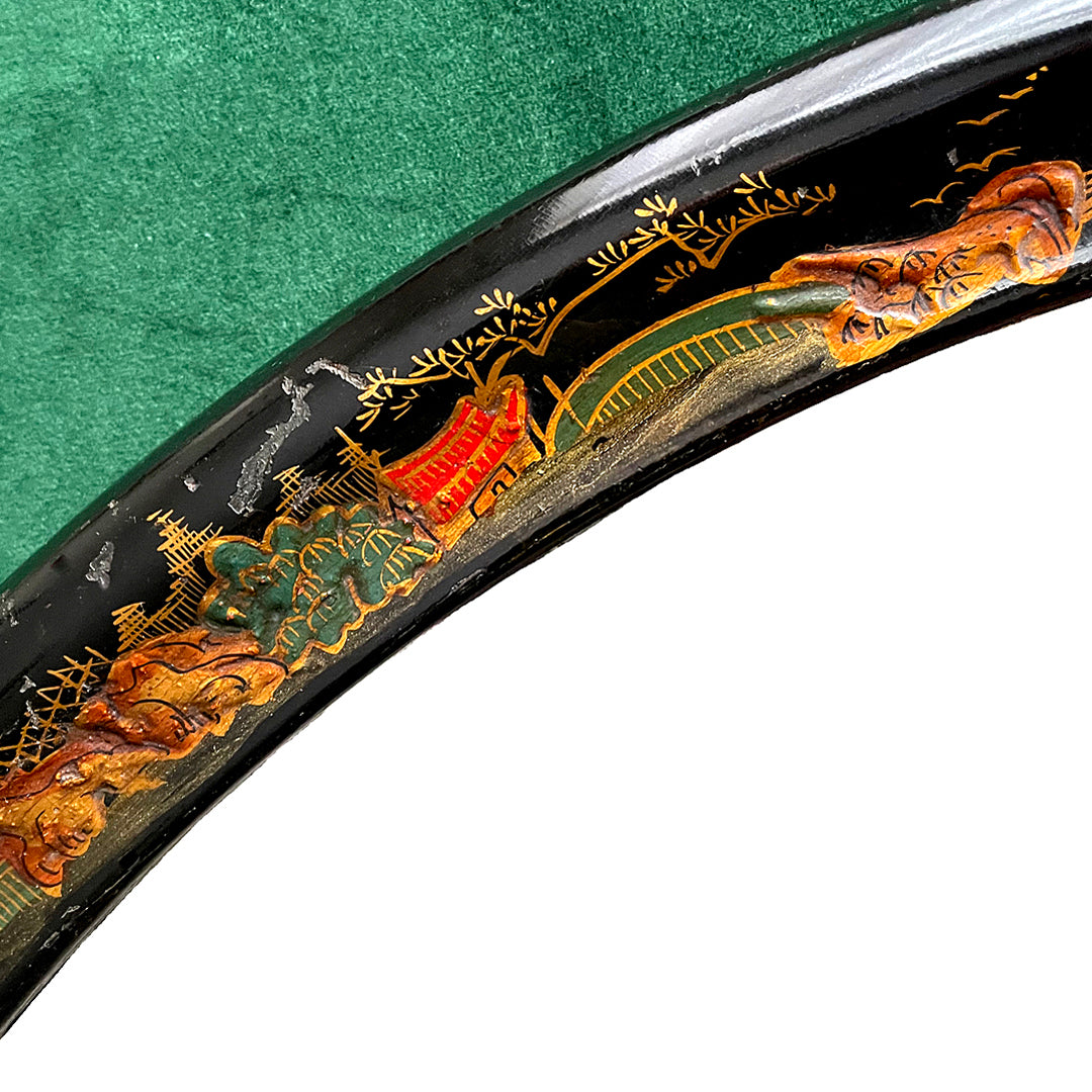 Oval Chinoiserie Mirror Japanned Black & Gold Finish Chinese Scenes ANTIQUE