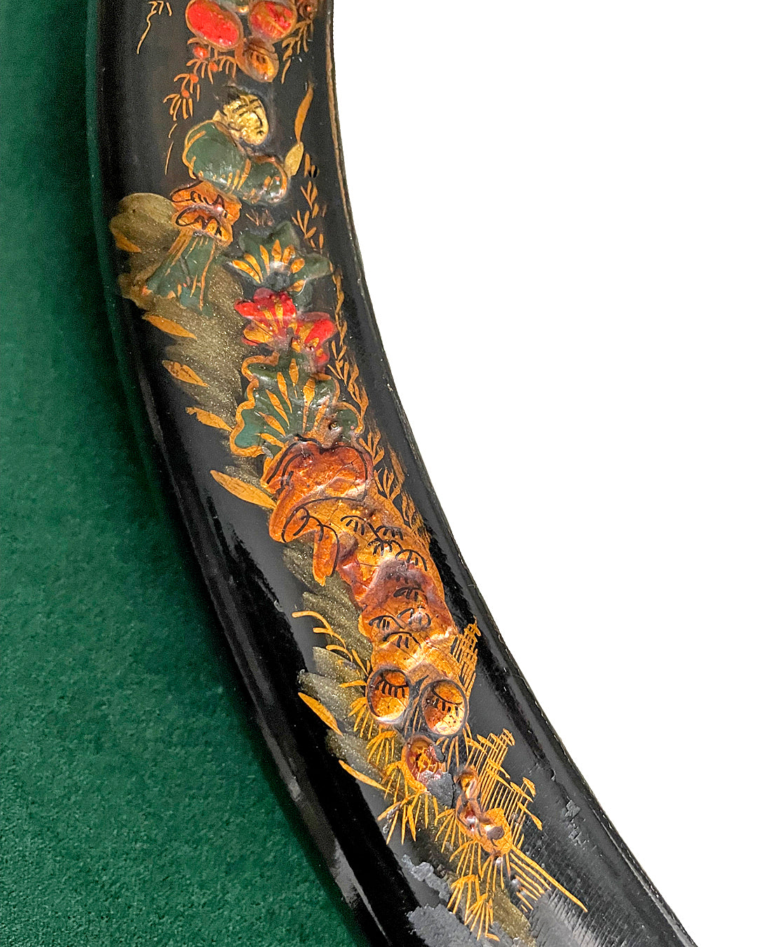 Oval Chinoiserie Mirror Japanned Black & Gold Finish Chinese Scenes ANTIQUE
