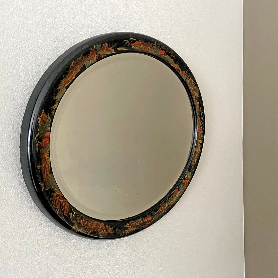 Oval Chinoiserie Mirror Japanned Black & Gold Finish Chinese Scenes ANTIQUE