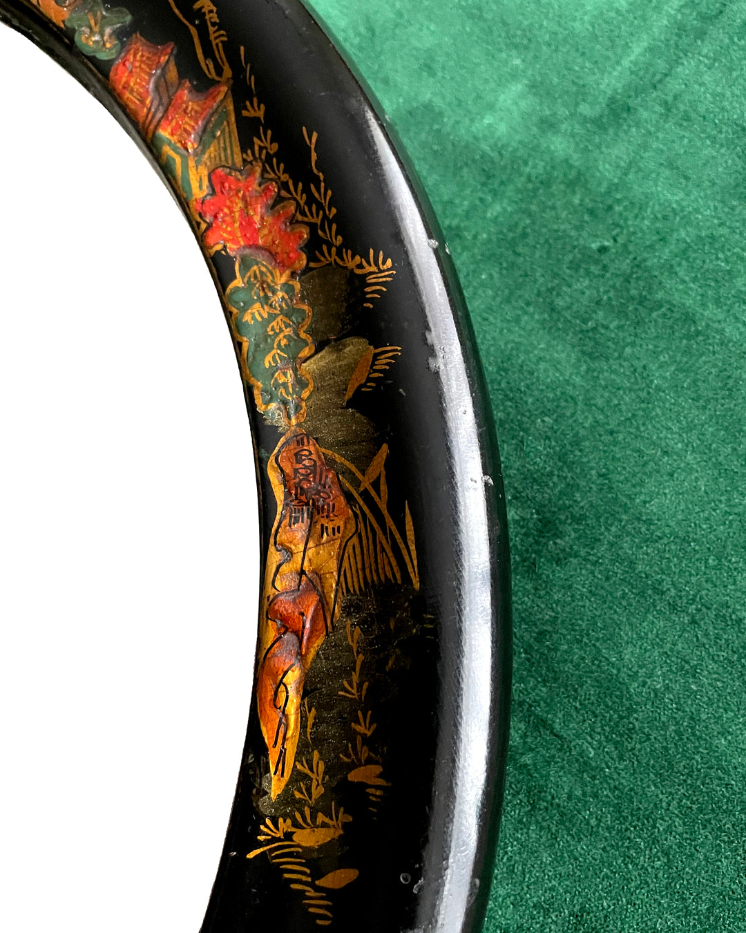 Oval Chinoiserie Mirror Japanned Black & Gold Finish Chinese Scenes ANTIQUE