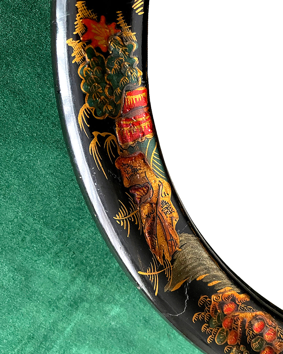 Oval Chinoiserie Mirror Japanned Black & Gold Finish Chinese Scenes ANTIQUE