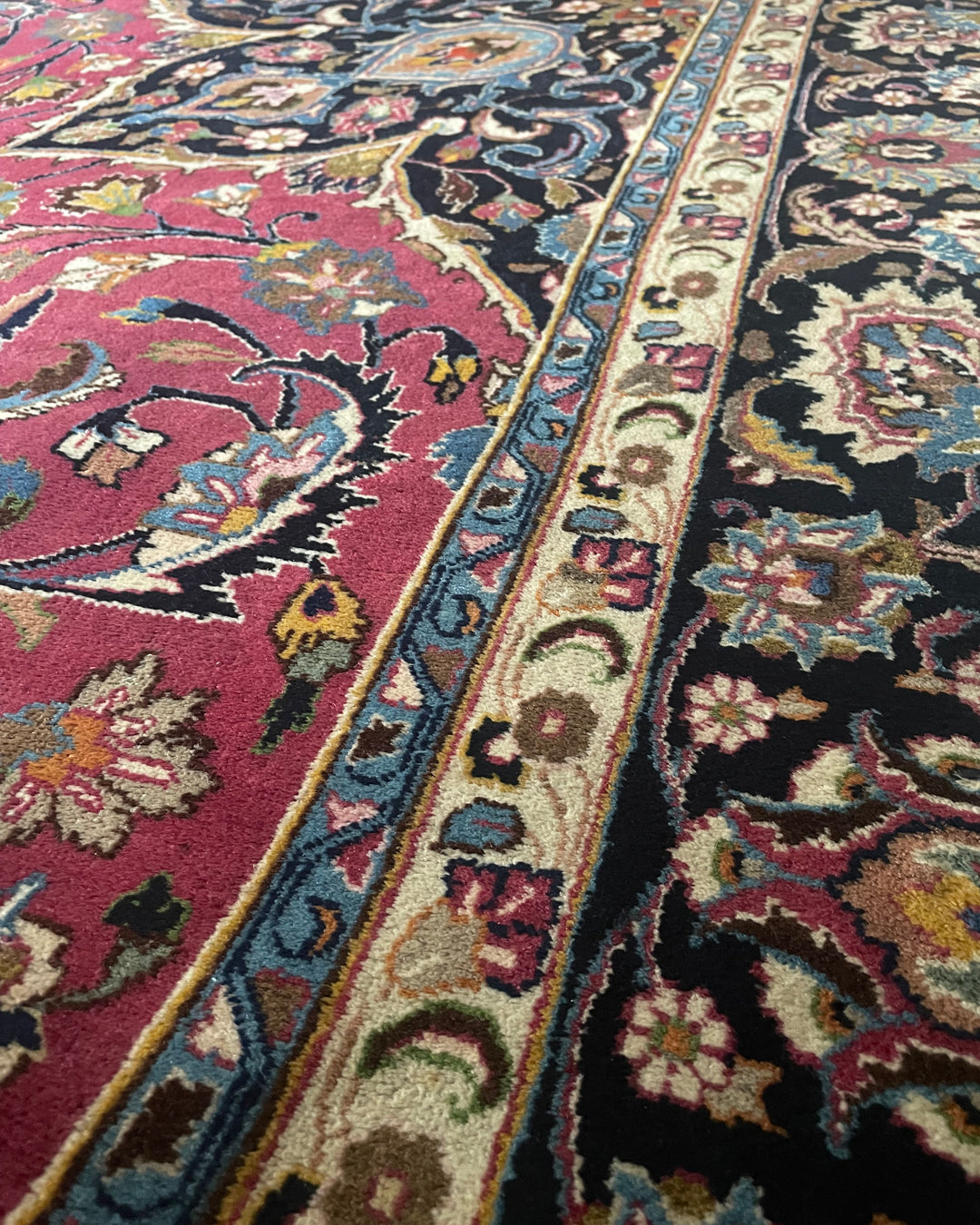 Persian Carpet Mashad Signed 410cm x 295cm Burgundy & Navy VINTAGE