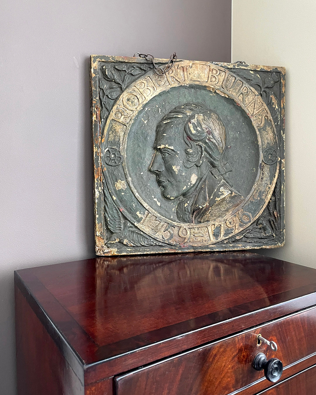 Robert Burns Commemorative Plaque Bronzed Oak & Plaster 1890's ANTIQUE