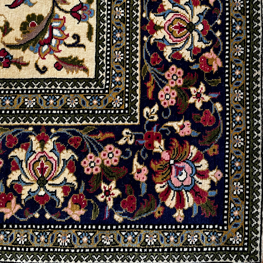 Persian Rug Kashan 223cm x 139cm Ivory & Navy VINTAGE