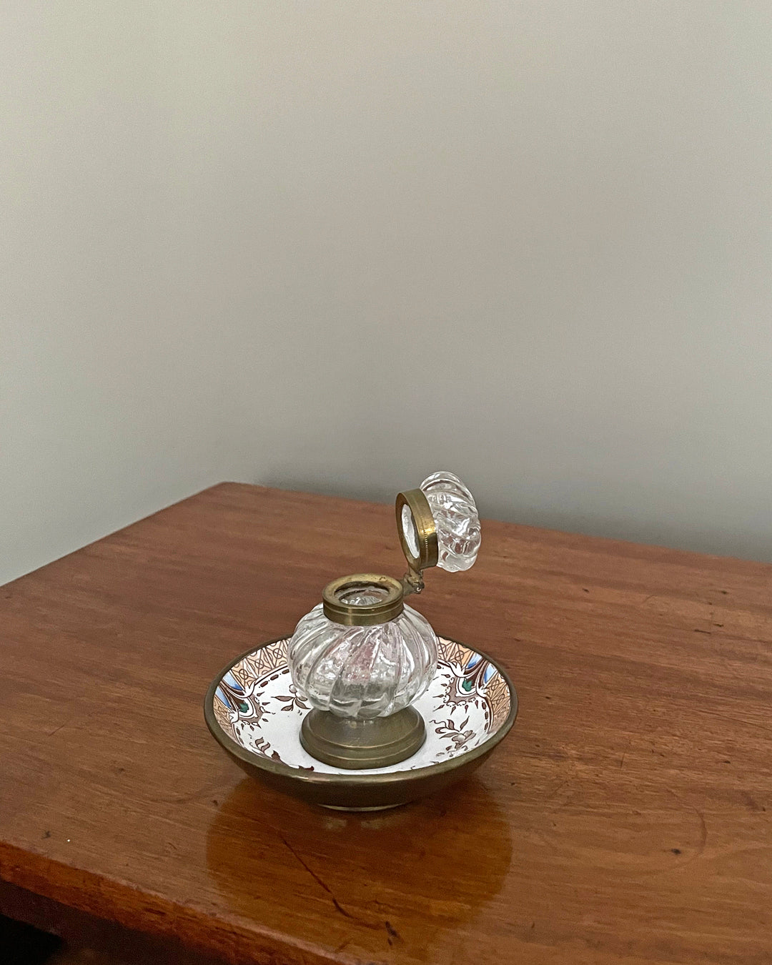 Moulded Glass Inkwell On Ceramic & Copper Dish English 19th Century ANTIQUE