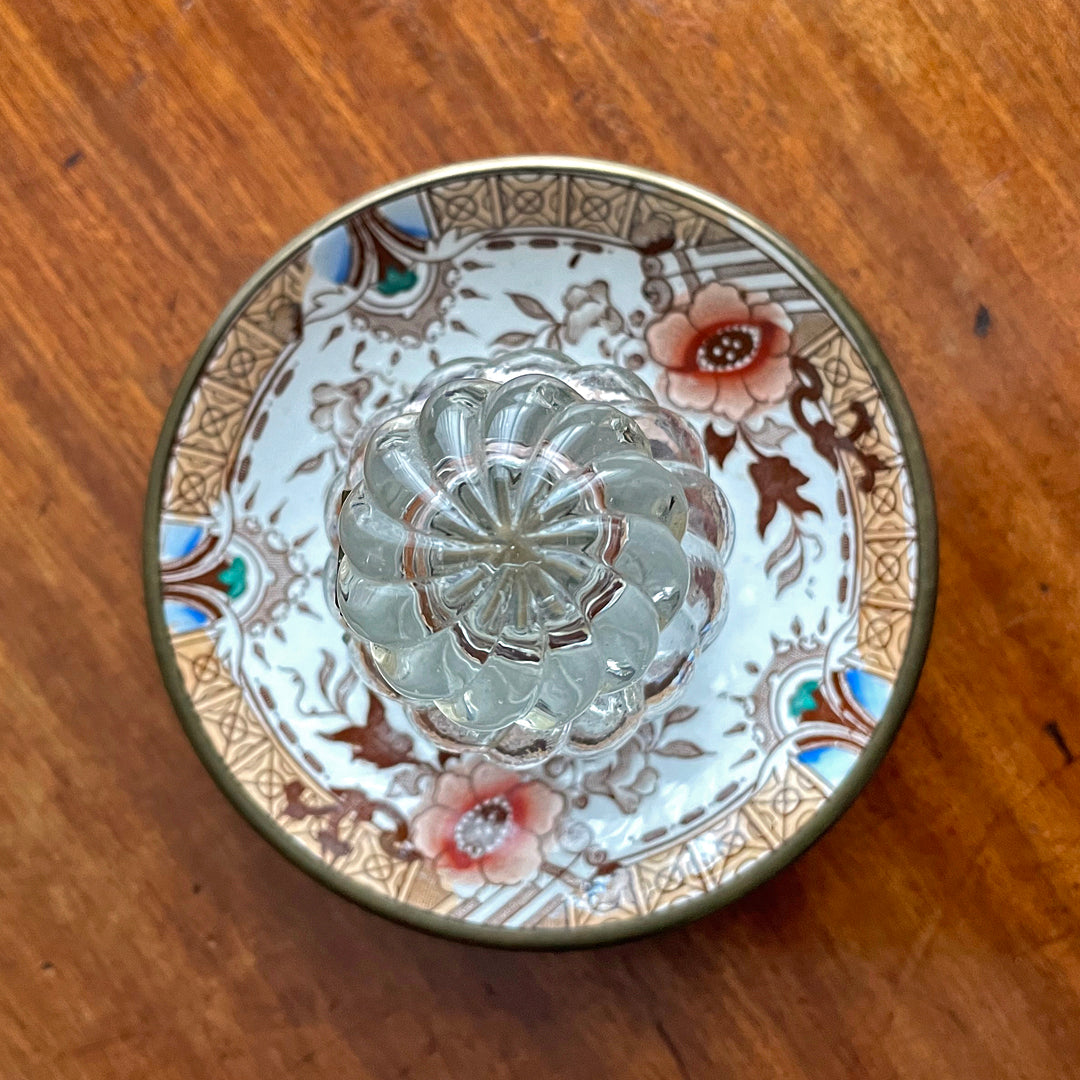 Moulded Glass Inkwell On Ceramic & Copper Dish English 19th Century ANTIQUE