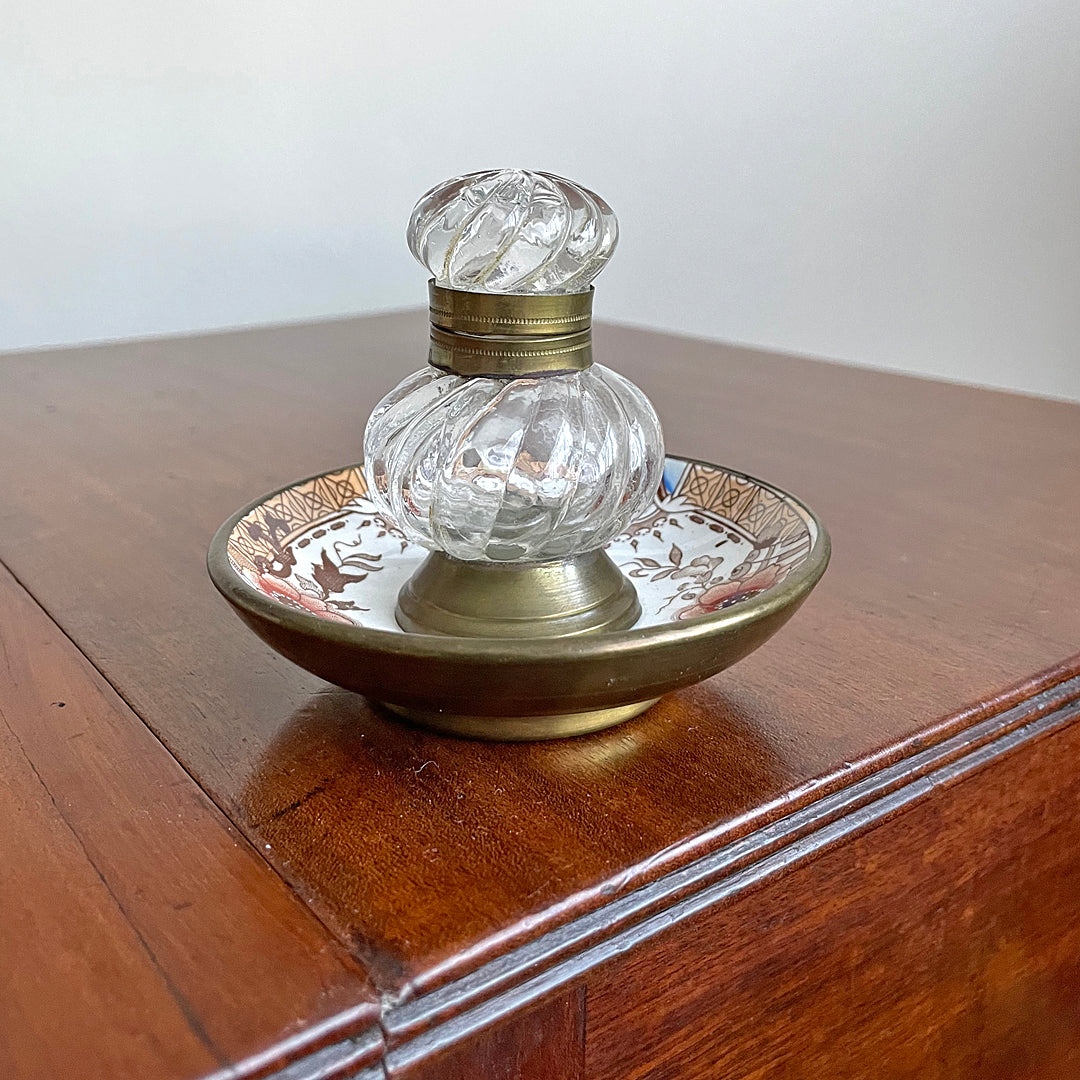 Moulded Glass Inkwell On Ceramic & Copper Dish English 19th Century ANTIQUE