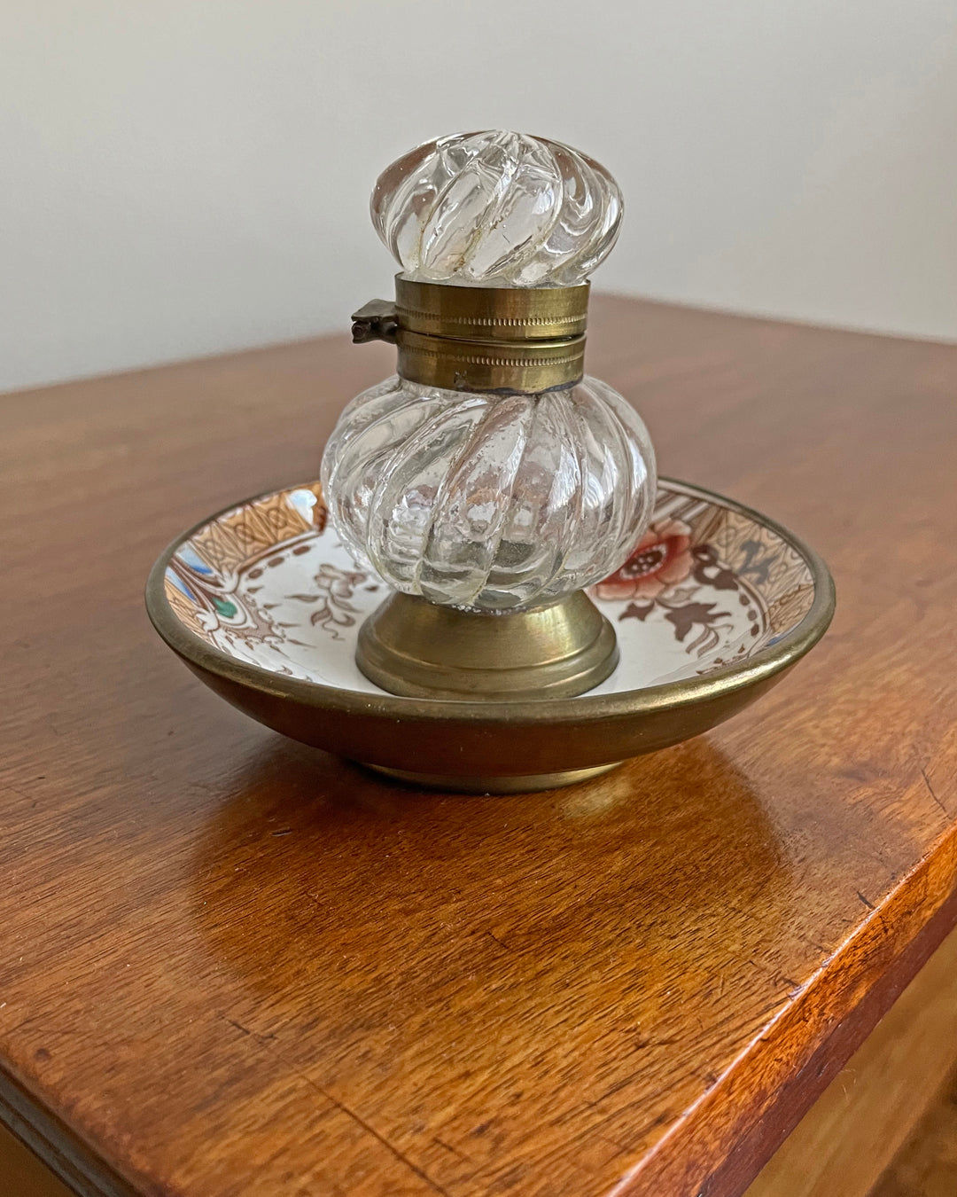 Moulded Glass Inkwell On Ceramic & Copper Dish English 19th Century ANTIQUE