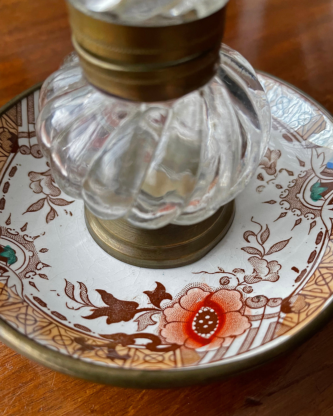 Moulded Glass Inkwell On Ceramic & Copper Dish English 19th Century ANTIQUE