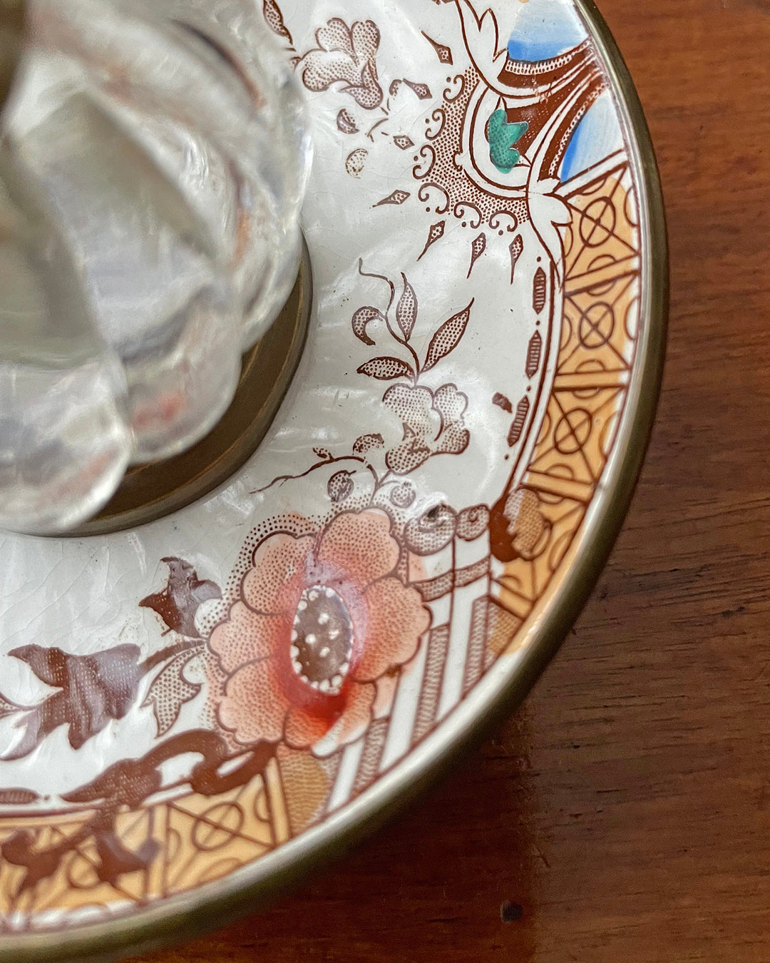 Moulded Glass Inkwell On Ceramic & Copper Dish English 19th Century ANTIQUE