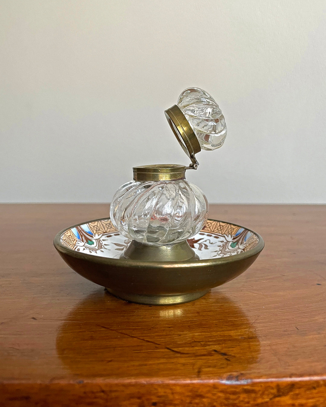 Moulded Glass Inkwell On Ceramic & Copper Dish English 19th Century ANTIQUE