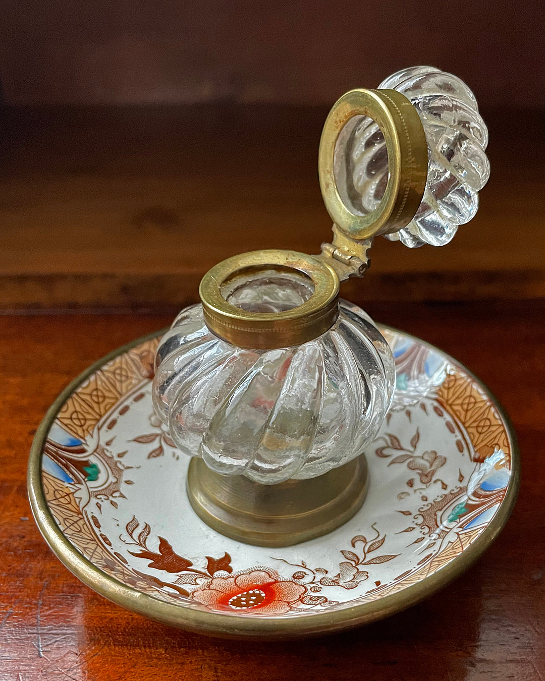 Moulded Glass Inkwell On Ceramic & Copper Dish English 19th Century ANTIQUE
