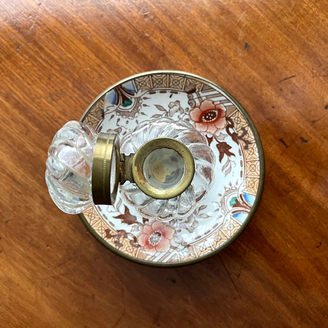 Moulded Glass Inkwell On Ceramic & Copper Dish English 19th Century ANTIQUE