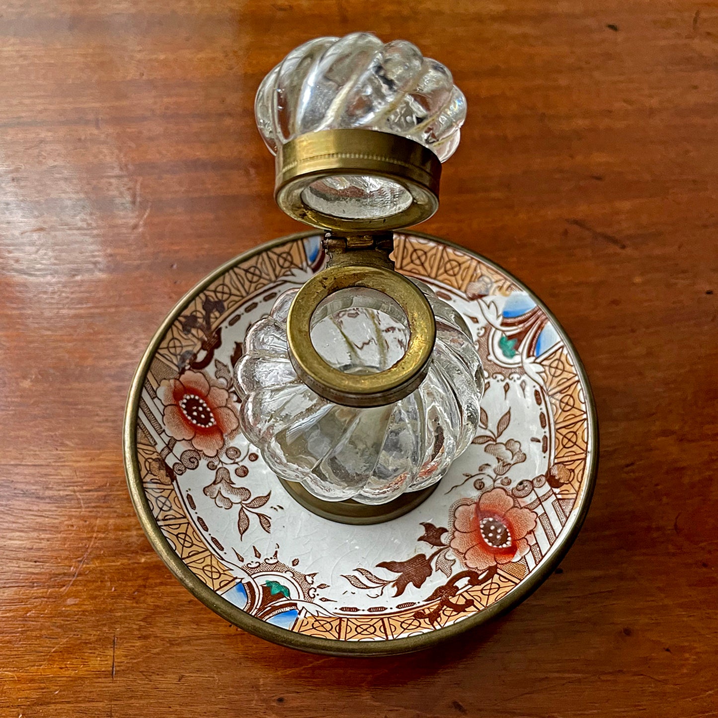 Moulded Glass Inkwell On Ceramic & Copper Dish English 19th Century ANTIQUE