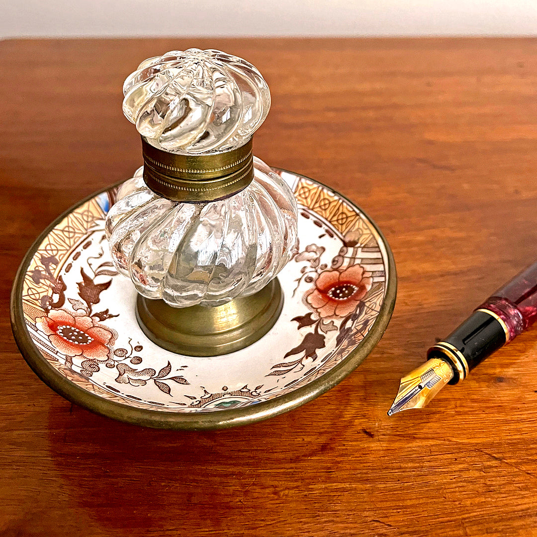 Moulded Glass Inkwell On Ceramic & Copper Dish English 19th Century ANTIQUE