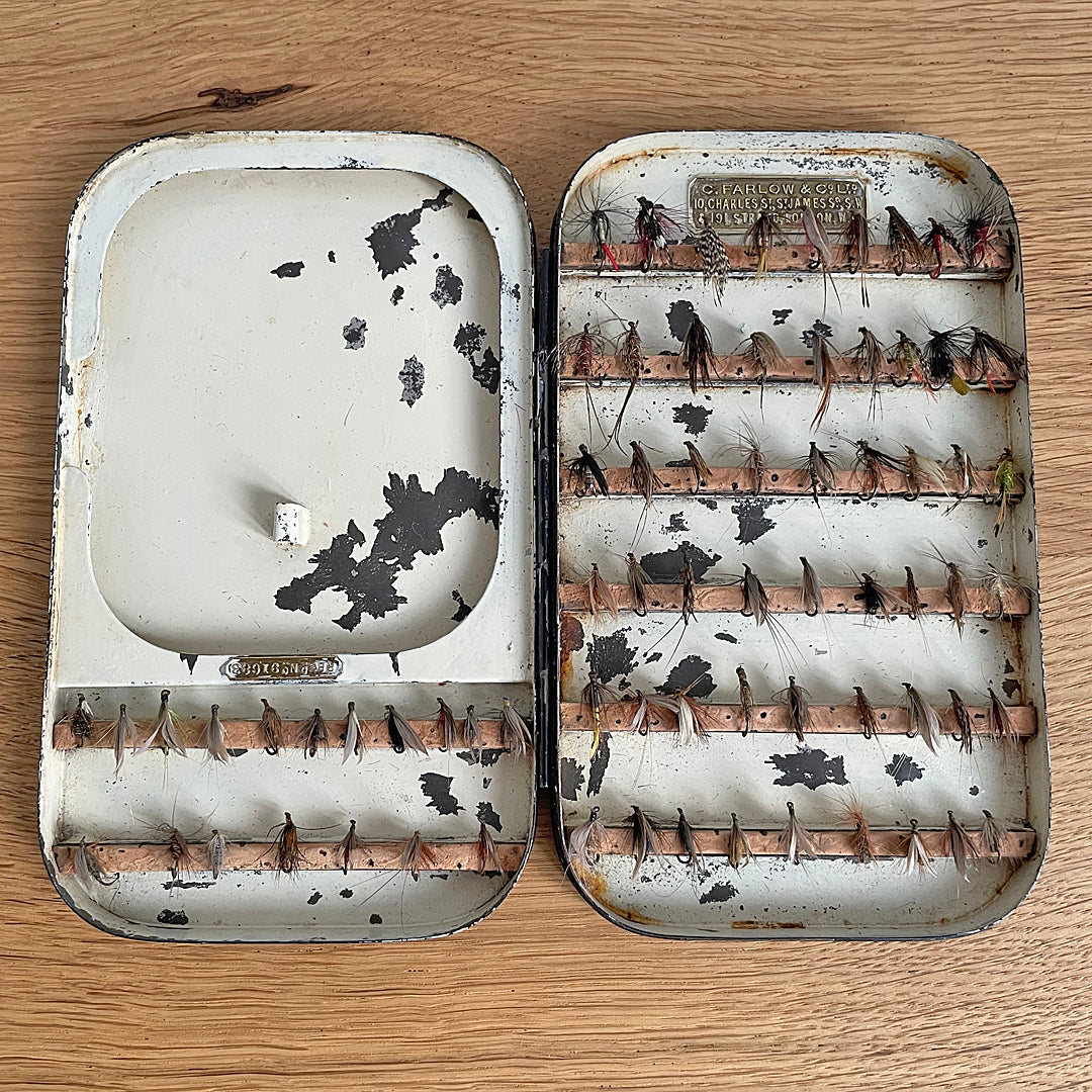 C. Farlow & Co. Ltd Black Japanned Fly Fishing Box & Flies c. 1906 ANTIQUE