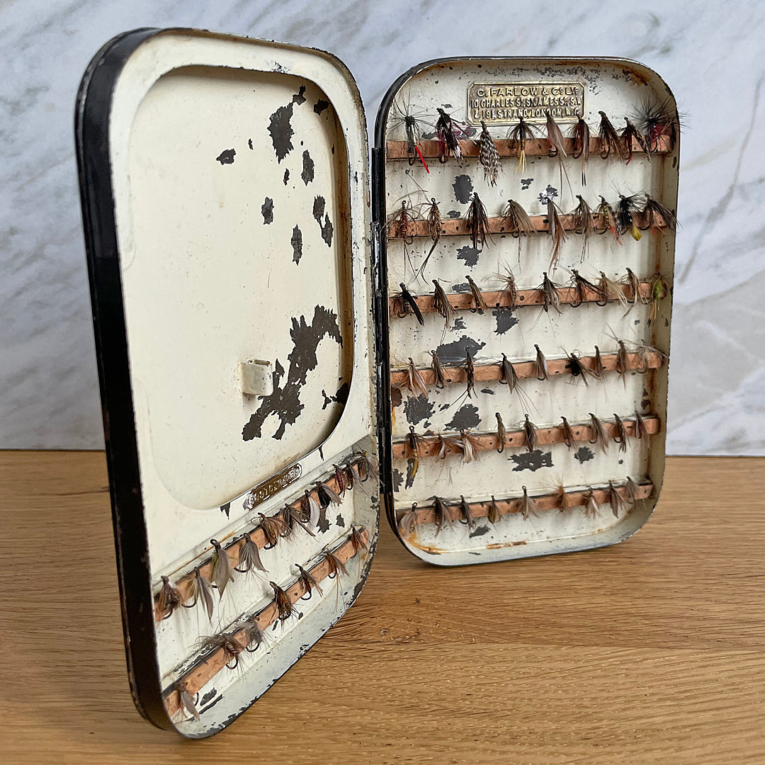 C. Farlow & Co. Ltd Black Japanned Fly Fishing Box & Flies c. 1906 ANTIQUE