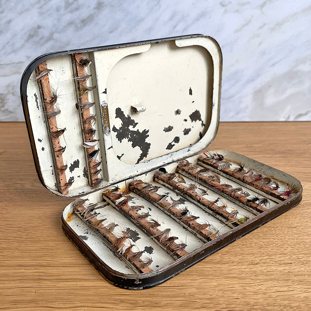 C. Farlow & Co. Ltd Black Japanned Fly Fishing Box & Flies c. 1906 ANTIQUE