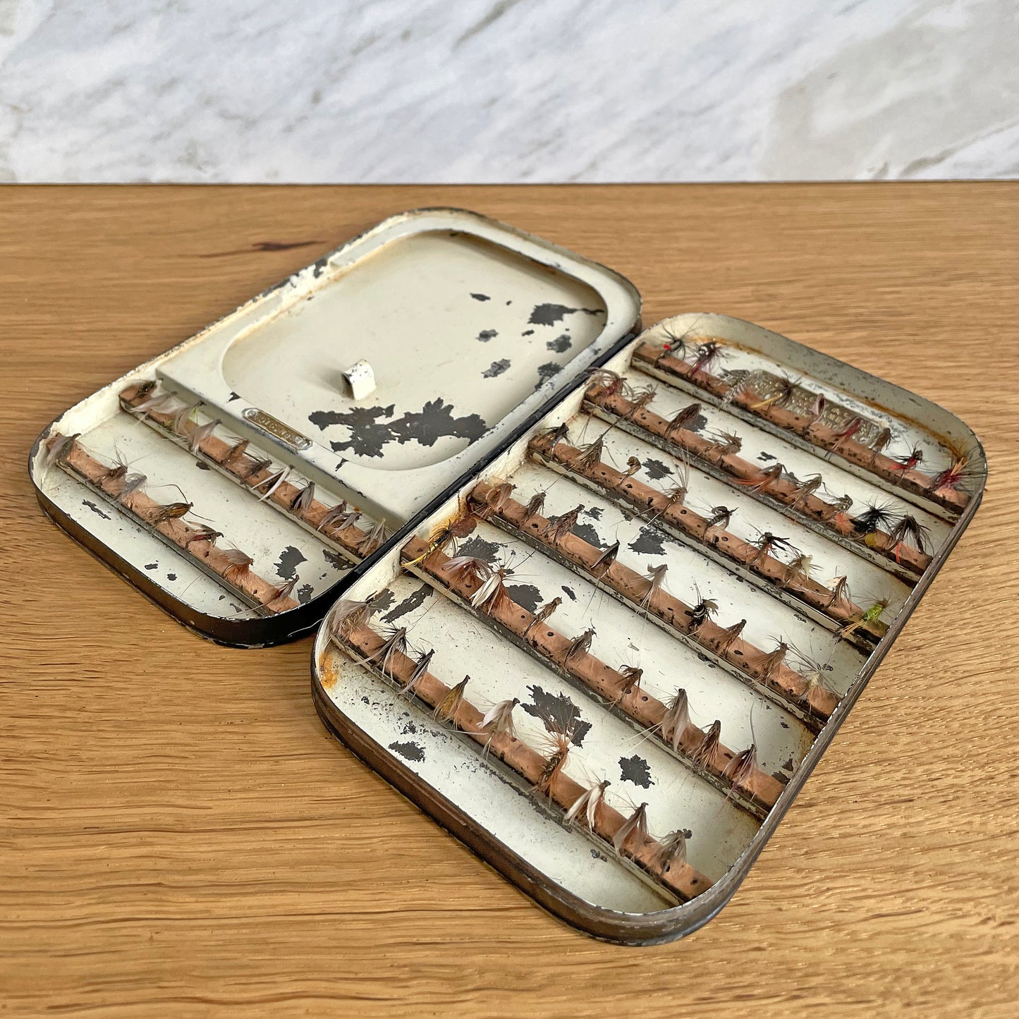 C. Farlow & Co. Ltd Black Japanned Fly Fishing Box & Flies c. 1906 ANTIQUE