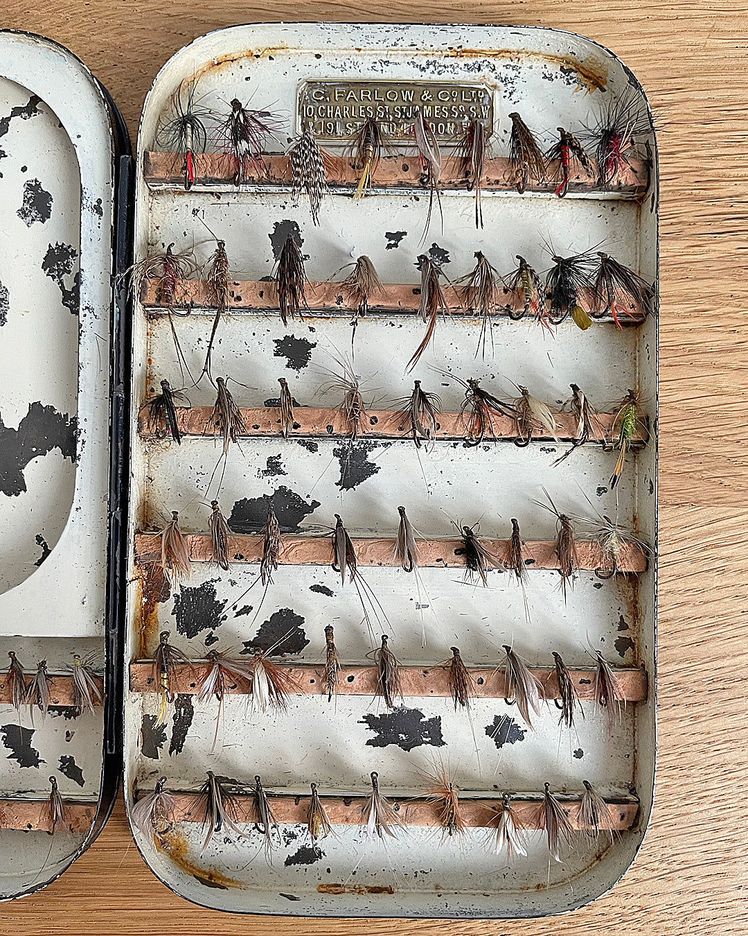 C. Farlow & Co. Ltd Black Japanned Fly Fishing Box & Flies c. 1906 ANTIQUE