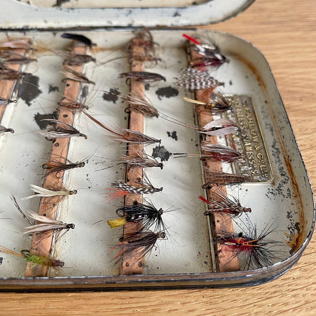 C. Farlow & Co. Ltd Black Japanned Fly Fishing Box & Flies c. 1906 ANTIQUE