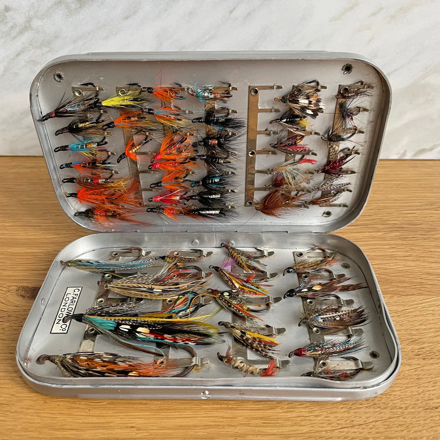 C. Farlow & Co Wheatley Aluminium Fly Fishing Box & Flies 1966 VINTAGE