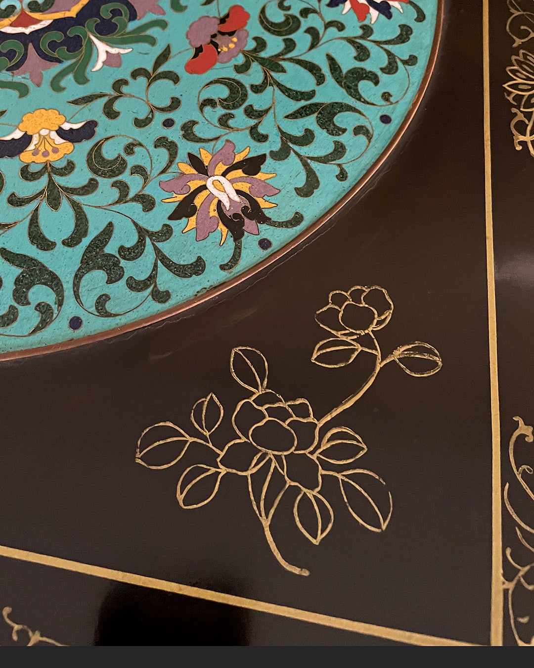 Black Lacquered Coffee Table & Inset Cloisonne Discs China 1920's ANTIQUE