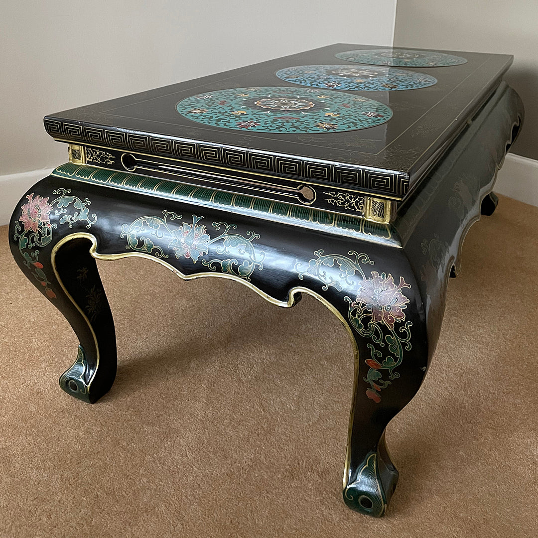 Black Lacquered Coffee Table & Inset Cloisonne Discs China 1920's ANTIQUE