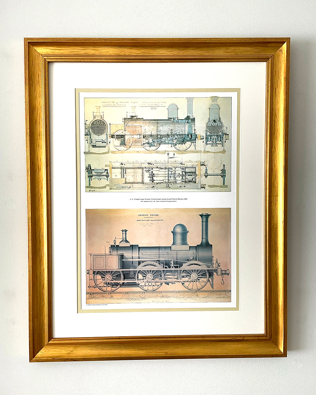 Set Of Three Steam Locomotive Engineering Drawing Prints Framed COLLECTABLE