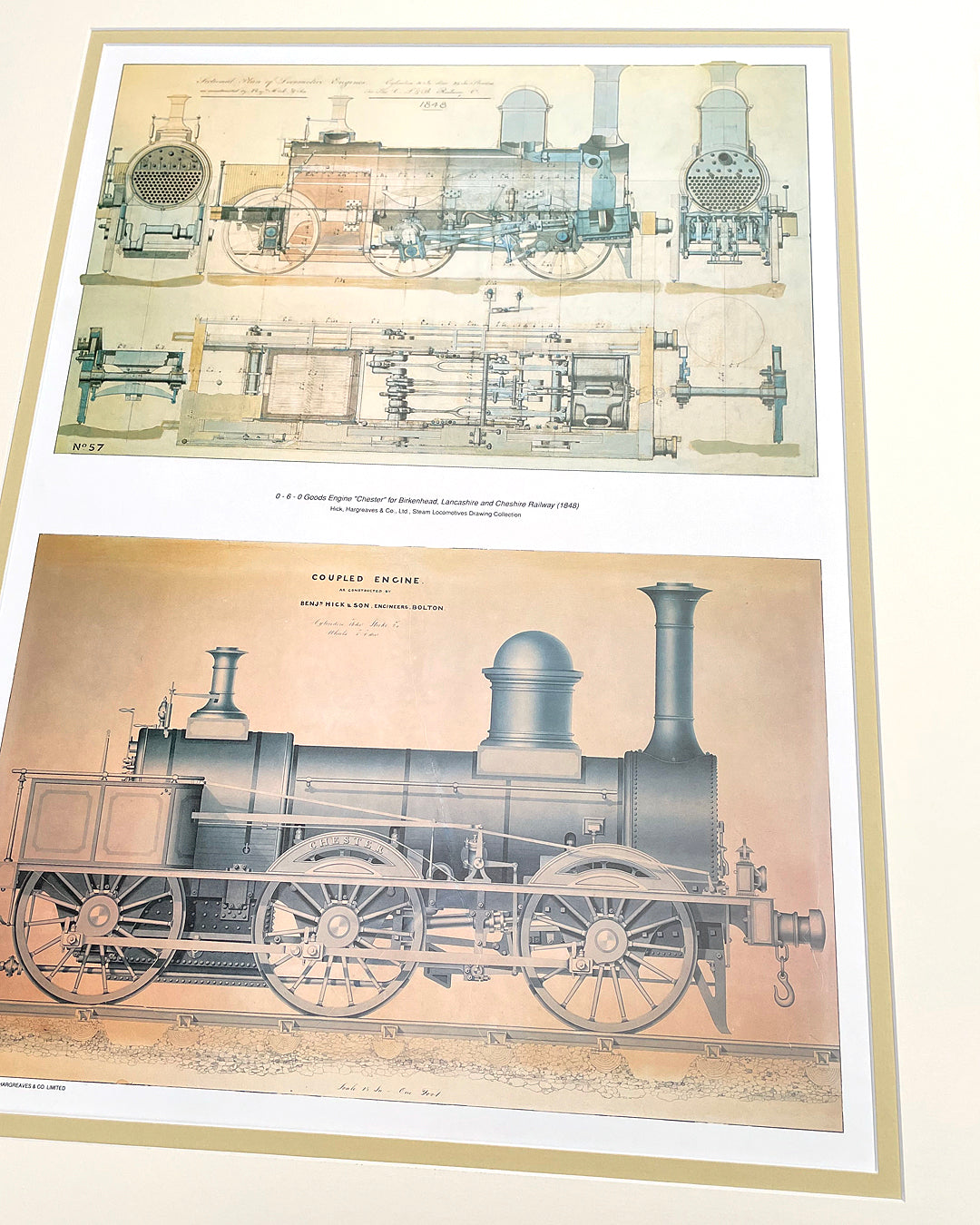 Set Of Three Steam Locomotive Engineering Drawing Prints Framed COLLECTABLE