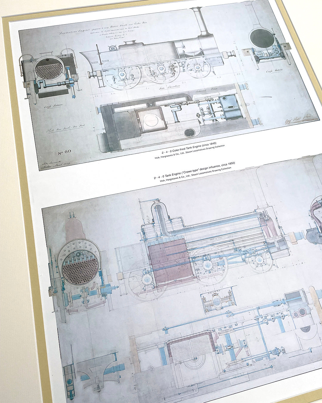 Set Of Three Steam Locomotive Engineering Drawing Prints Framed COLLECTABLE