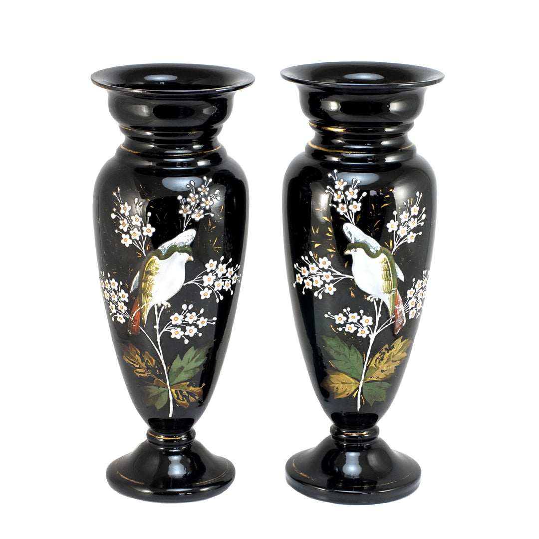 A Pair Of Glass Vases Black Amethyst Japanese Bird & Blossom 1880's ANTIQUE