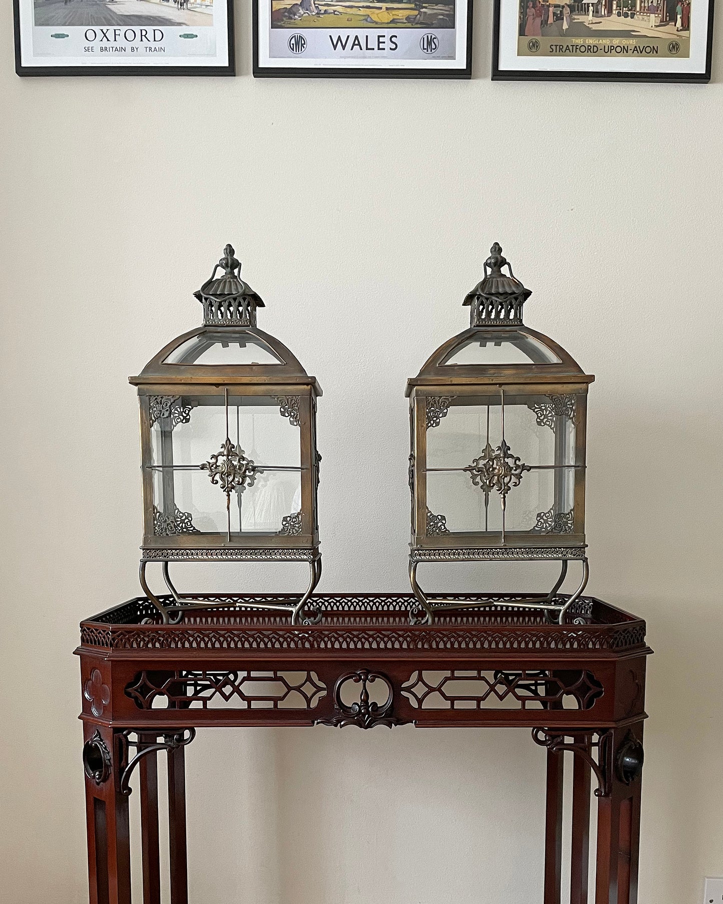A Set Of Large Lanterns Glass & Pierced Metal Indian Style VINTAGE