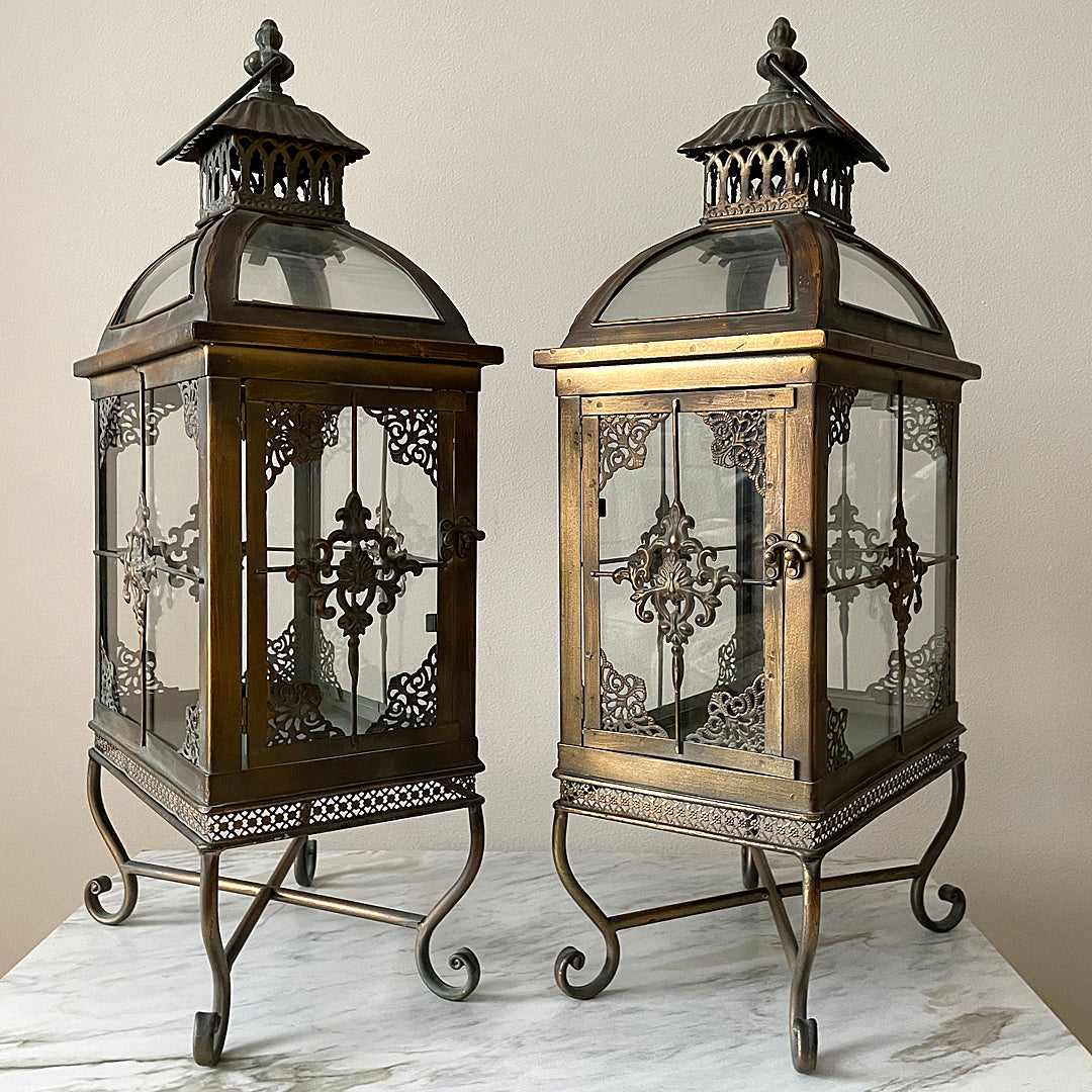 A Set Of Large Lanterns Glass & Pierced Metal Indian Style VINTAGE