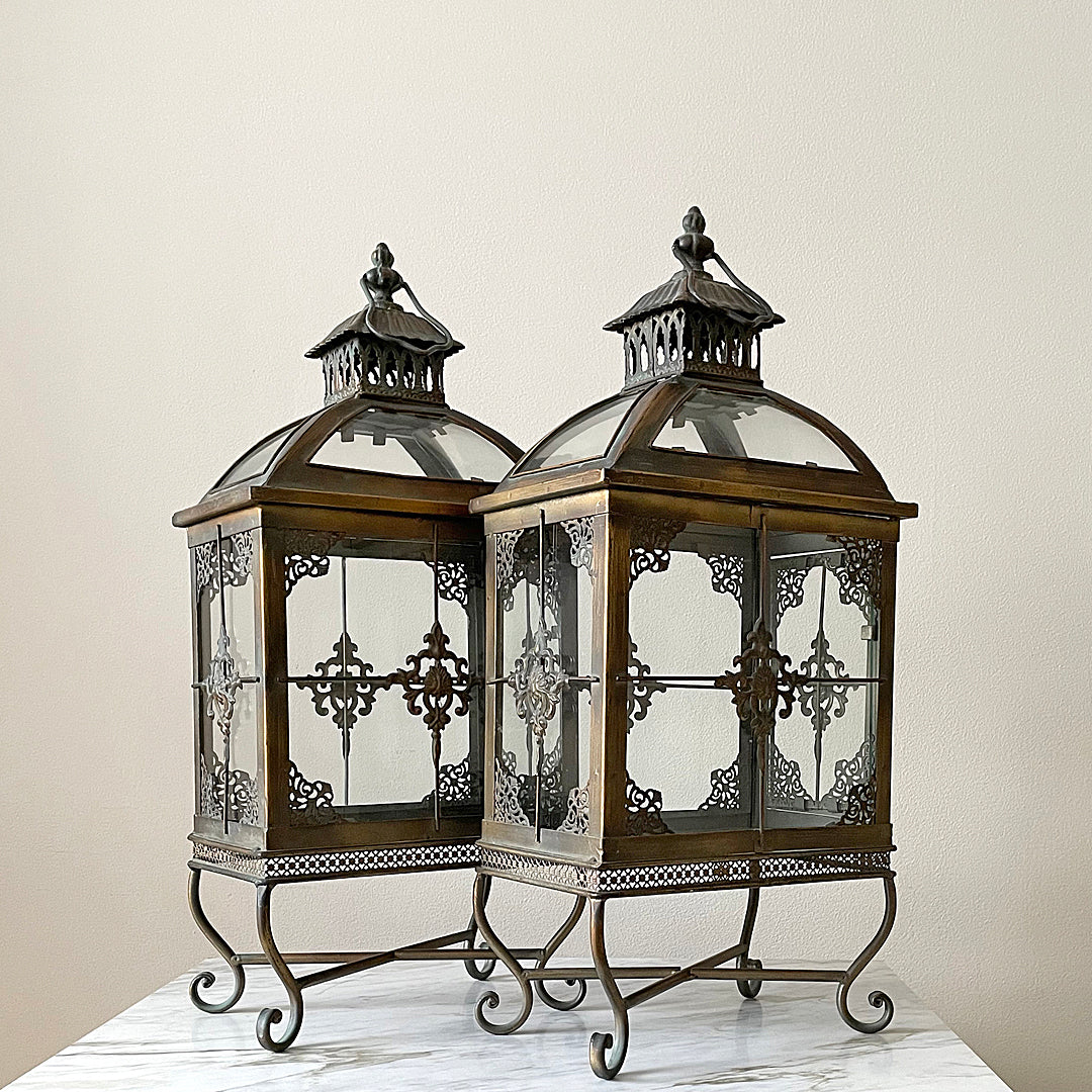 A Set Of Large Lanterns Glass & Pierced Metal Indian Style VINTAGE