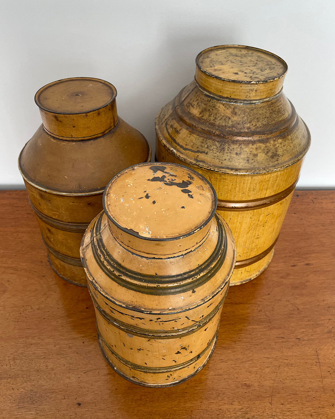Set Of Three Toleware Tea Canisters Faux Wood 19th Century ANTIQUE