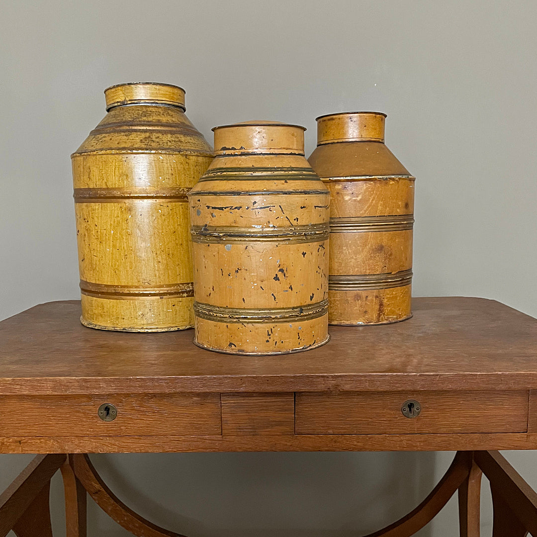 Set Of Three Toleware Tea Canisters Faux Wood 19th Century ANTIQUE