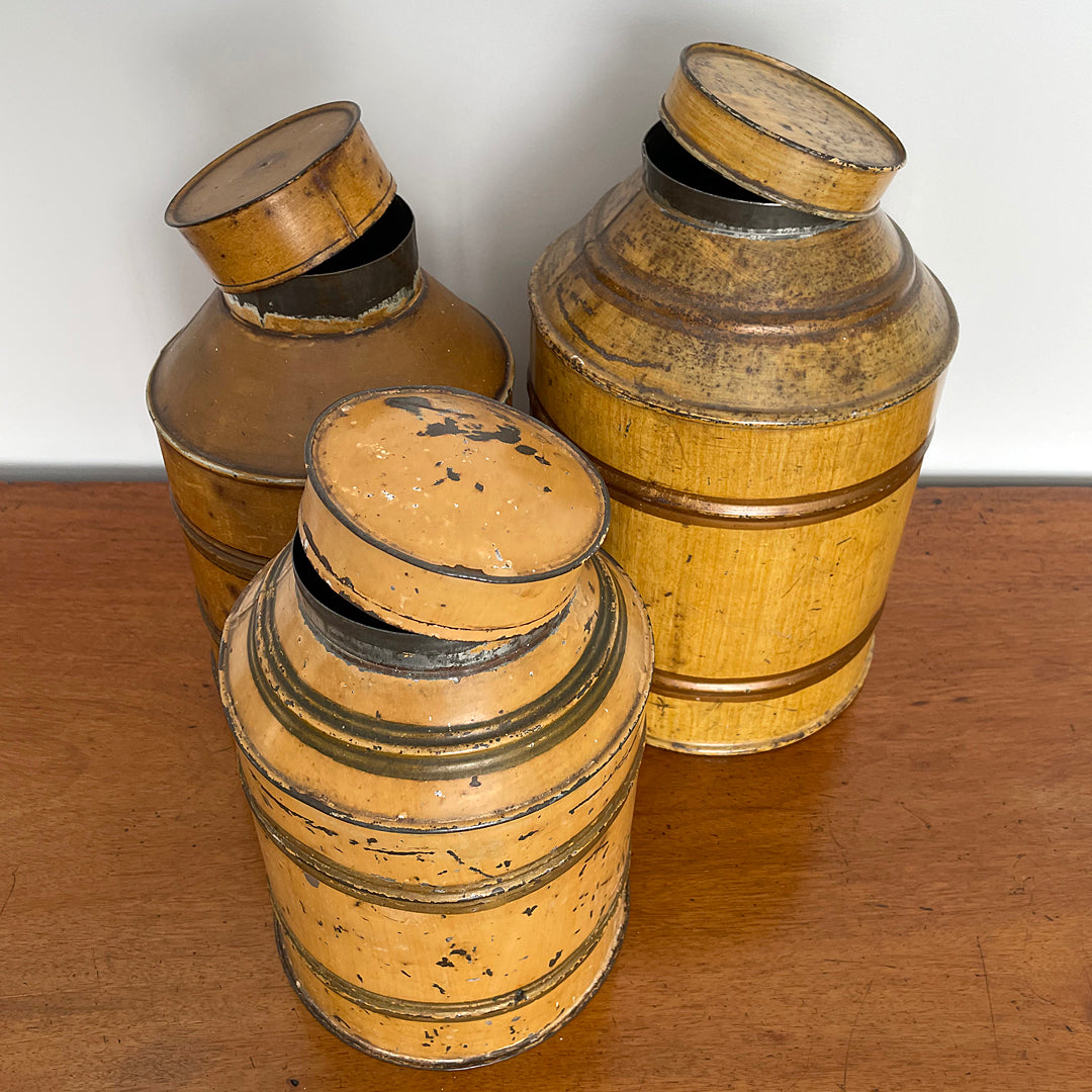 Set Of Three Toleware Tea Canisters Faux Wood 19th Century ANTIQUE