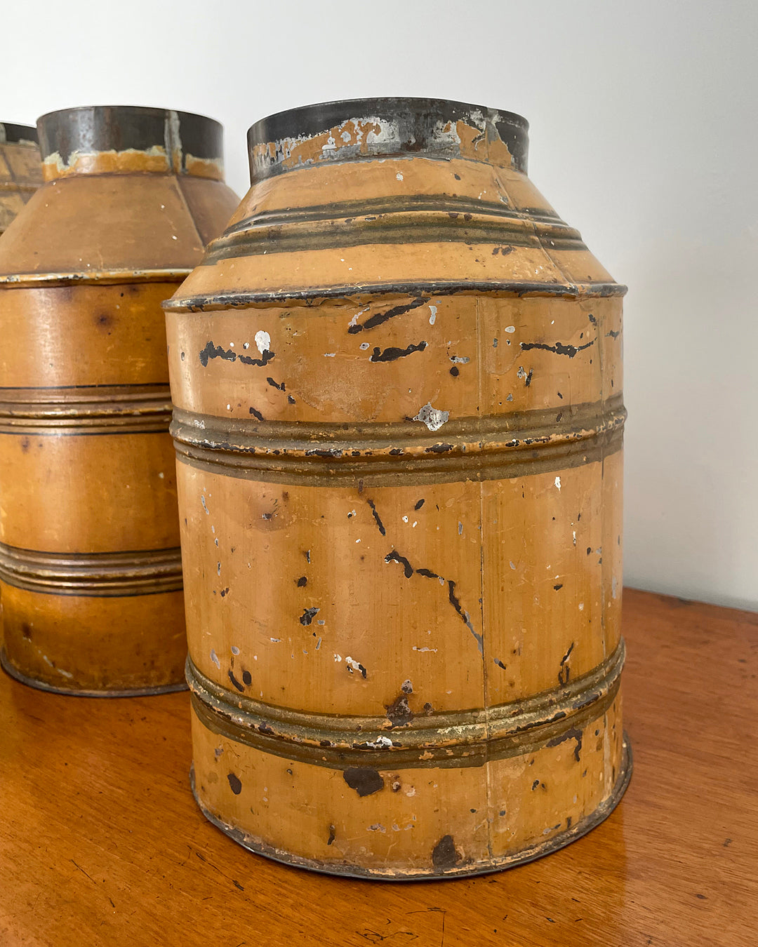 Set Of Three Toleware Tea Canisters Faux Wood 19th Century ANTIQUE